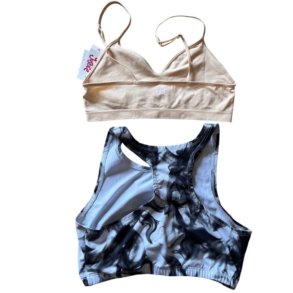 Justice Girls Bra Set 2 Pack Tan Seamless Bralette & Marble Racerback Sports Bra - Picture 4 of 6
